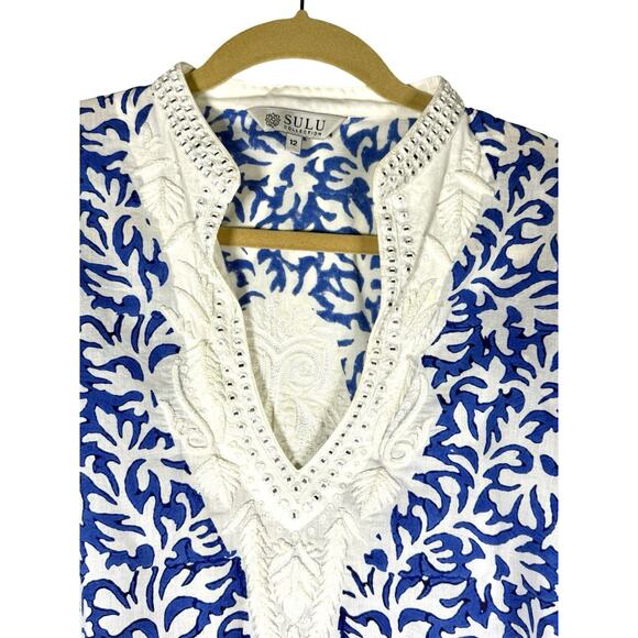Sulu Collection Blue White Embroidered Cotton Tunic XL Boho Resort Coastal Chic - Picture 6 of 11